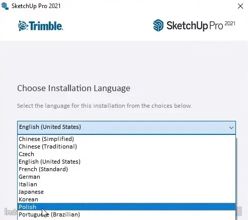 Wybór języka instalatora Sketchup